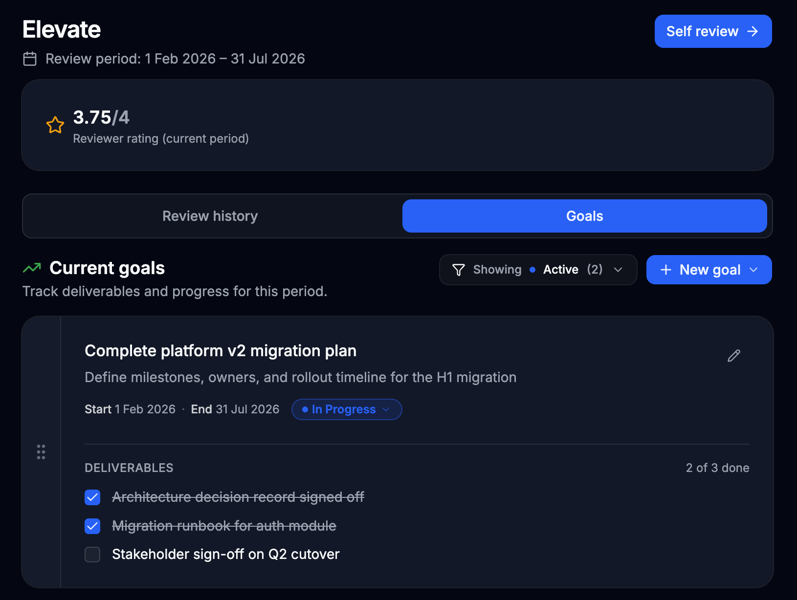 Elevate performance review and goals